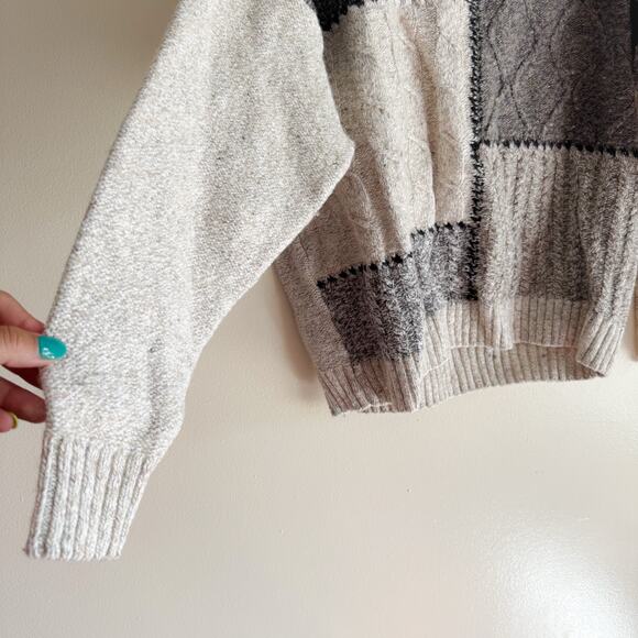 Vintage Old Glory Grey + Cream Colorblock Cable Knit Wool Blend Sweater - XL - Picture 2 of 5
